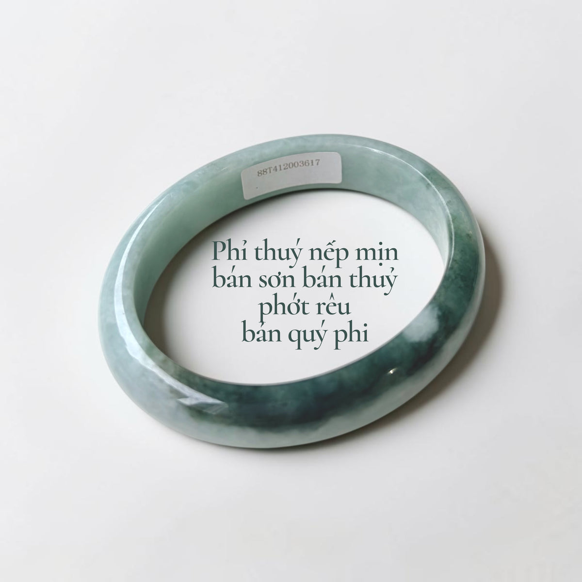 Fine-textured jadeite with “half mountain, half water” coloring and soft moss-green hues, in a Princess-style bangle - Phỉ thuý nếp mịn bán sơn bán thuỷ phớt rêu bản quý phi