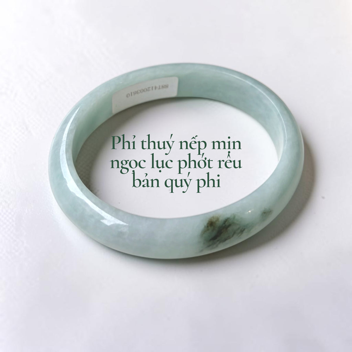 Fine-textured emerald-green jadeite in a Princess-style oval bangle - Phỉ thuý nếp mịn ngọc lục phớt bản quý phi